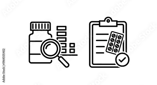 Pharmaceutical medicine bottle and prescription clipboard icons representing healthcare, drug research, medication tracking, and clinical supplies