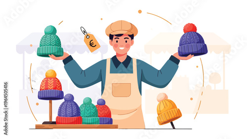 Artisan Hat Vendor Display: A cheerful artisan displays a vibrant collection of handmade hats, each piece showcasing unique designs and the artistry of the craft.