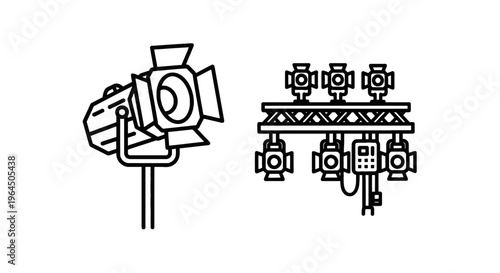 Set of professional lighting icons featuring a studio spotlight on a stand and a truss system of stage lights for photography and film production