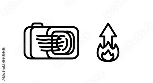 Camera and fire flame line icon set for photography and media content, minimalist vector style for user interface design and web graphics