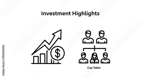 Investment highlights and financial growth icons with capital structure chart for business reporting