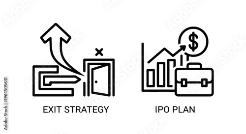 Business exit strategy and ipo plan management icons, finance growth chart and briefcase vector illustration representing corporate development and market ex