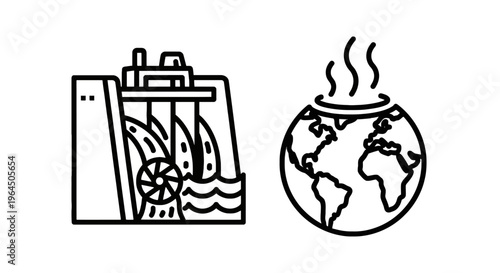 Hydroelectric dam and global warming earth line icons for environmental energy and climate change concept designs, simple vector illustration set