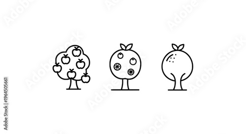 Apple fruit trees growth progression line icons showing seedling, sapling, and mature fruit-bearing tree for gardening or agriculture concepts