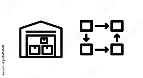 Warehouse storage and supply chain cycle icons, linear vector illustration of logistic center boxes and business process flow with directional arrows