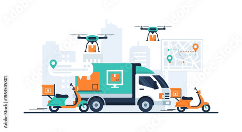 Modern Urban Delivery Network: Drones, Scooters & Trucks for Fast E-commerce Logistics & Package Tracking