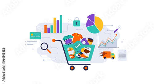 E-commerce & Online Shopping Concept with Data Analytics, Secure Payments, and Delivery Logistics. Digital Retail Sales and Marketing Strategy Illustration.