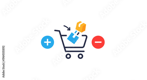 E-commerce Shopping Cart Icon: Add and Remove Products, Online Order Management, Retail Logistics and Digital Storefront Concept