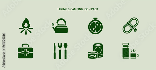Camping equipment and hiking backpack icon set including fireplace, rope climbing, compass, first aid, kettle and canned food outline icons for recreation adventure traveling and trekking in camp tent