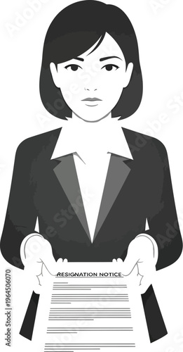 Serious woman in black suit holds a resignation notice toward viewer.
