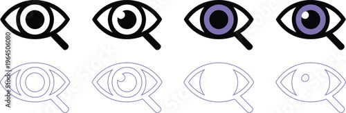Set of stylized eye with magnifying glass and different pupil colors and outline styles