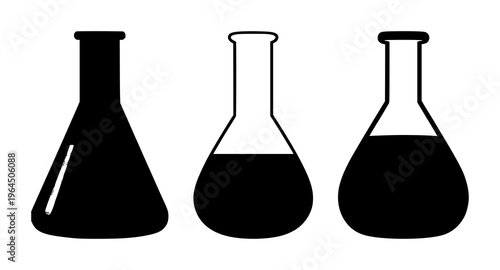 Solid black icon, white background: laboratory flask icon set with simple line art design featuring outline, illustration, graphic elements with clean design and vector art