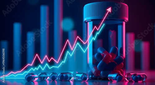 Neon lit graph and bottle with rising arrow