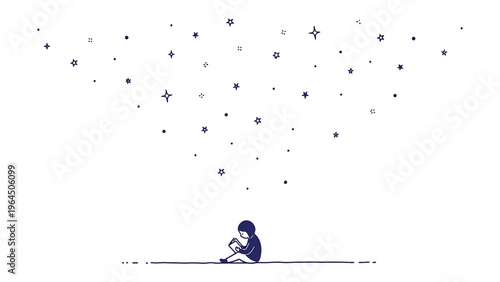 Celestial Contemplation: A lone figure sits in quiet reflection beneath a cascade of celestial stars, finding solace and wonder in the vastness of the cosmos.