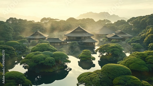 Sunrise over Japanese garden, misty morning, serene landscape, tranquil pond, travel poster