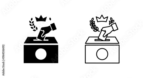 Hand voting with crown and laurel wreath, ballot box icon