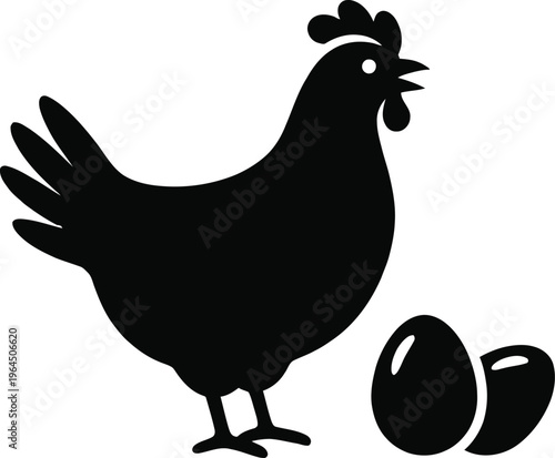 Black silhouette of a chicken standing next to two eggs on a white background in a simple vector graphic illustration design