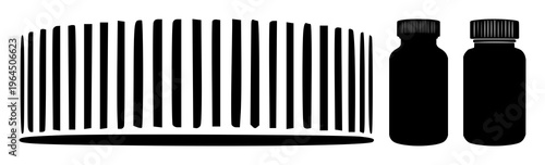 Solid black icon, white background: vitamin supplement bottle set with simple line art design featuring sketches, drawings, vector graphics with minimalist and simple illustrations