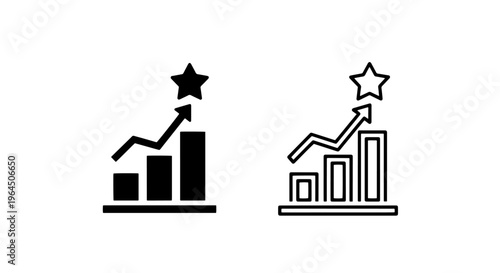 Growth chart icon with star: solid and outline success performance graph