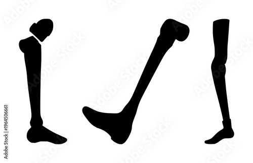 Solid black icon, white background: prosthetic leg silhouette set with simple line art design featuring sketches, drawings, vector graphics with minimalist and simple illustrations