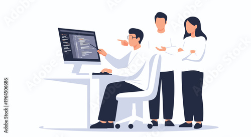 Team of programmers collaborating on a project at a computer.