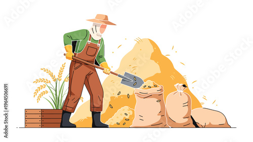 Harvest Harvest: A farmer in overalls meticulously shovels golden grain, filling sacks and shaping a bountiful harvest scene. Illustrating diligence, rural life, and the season's prosperity.