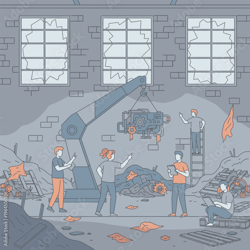 Team of workers operating a crane to lift heavy machinery.