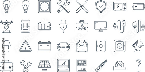 Electrical power outline vector icons set, energy industry tools, electrician equipment, solar panel technology, home appliance line art illustration collection.