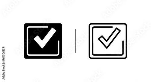 Check mark icons in square frame, black and white symbols