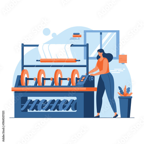 Textile Factory Worker Operating Machinery.