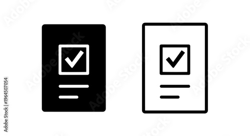 Form with check mark icon, survey or application status, black and white