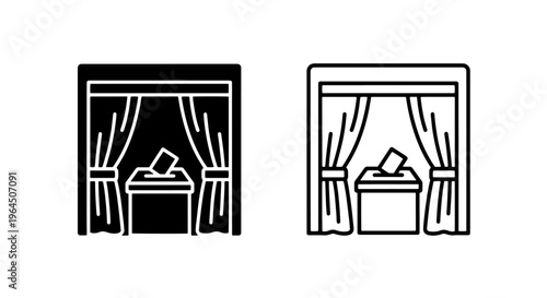 Voting booth with curtains icon, election or ballot box, black and white