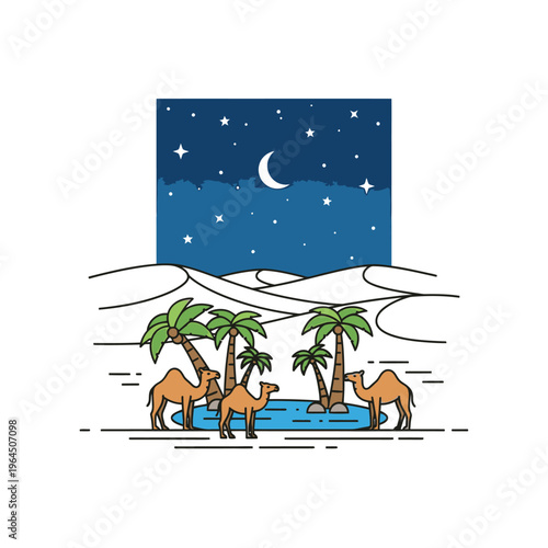 Three Camels Drinking Water Oasis Desert Night.