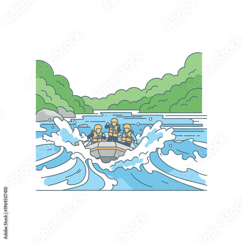 Three people in a raft navigating rapids.