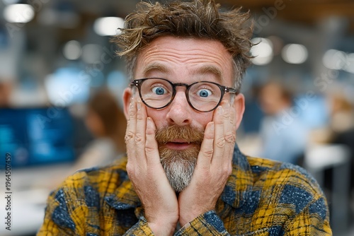 candid moment of employee reacting to unexpected news, surprise mixed emotion