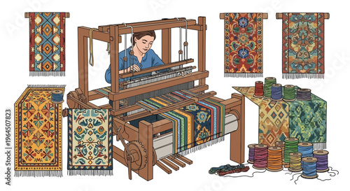 Traditional Carpet Weaving Loom with Artisan and Finished Rugs.
