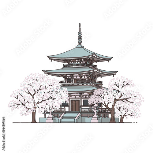 Traditional Japanese Pagoda Architecture Surrounded by Cherry Blossoms.