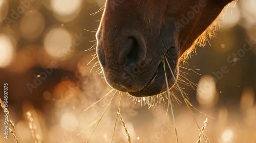 Macro Shot of Horse Muzzle Grazing on Golden Grass at Sunset