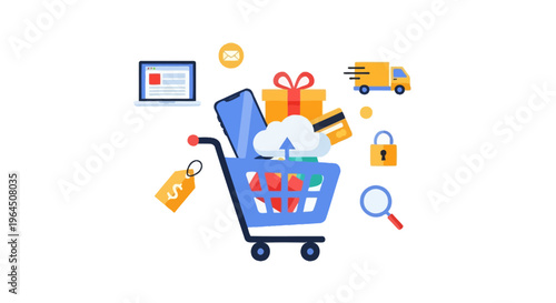 Comprehensive E-commerce Ecosystem: Online Shopping, Payment, Delivery & Cloud Services Illustration