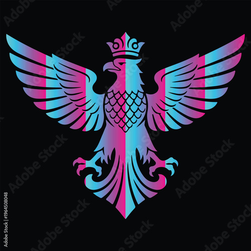 Abstract Neon Gradient Phoenix Eagle with Crown Symmetrical Wings Modern Vector Logo Design.