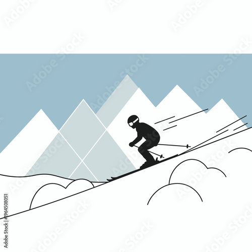 Silhouette of a skier descending a snowy mountain slope.