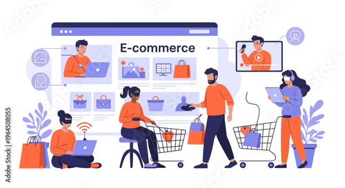 Modern E-commerce Concept: Shoppers Engaging in Online Retail via Digital Devices, VR, and Immersive Shopping Experiences