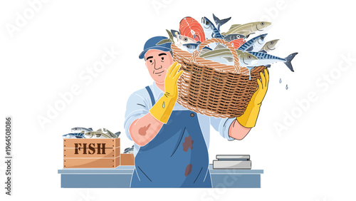 Fisherman's Bounty: A seasoned fisherman, clad in protective gear, proudly presents a basket brimming with the day's fresh catch, a testament to his dedication and the ocean's generous yield.