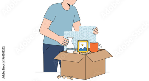 A person is carefully placing a wrapped item into a brown cardboard box filled with packing peanuts alongside a vase, picture frame, and mug on a white background.