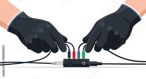 Two gloved hands are meticulously connecting various multi-colored audio cables, including RCA and XLR, into a central black adapter hub.