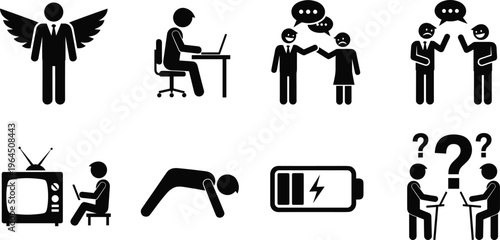 Collection of black business pictograms and life icons featuring office work communication burnout inspiration and daily activities isolated on white background for infographics