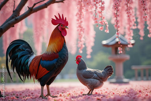 Colorful rooster and hen standing under pink cherry blossoms  