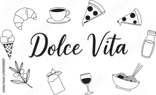 Dolce Vita  Italian lifestyle concept with food and drink icons  sweet and savory treats