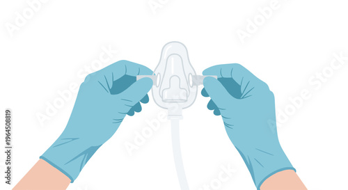 A pair of gloved hands meticulously adjusts a transparent white medical oxygen mask with a flexible tube against a clean white background.