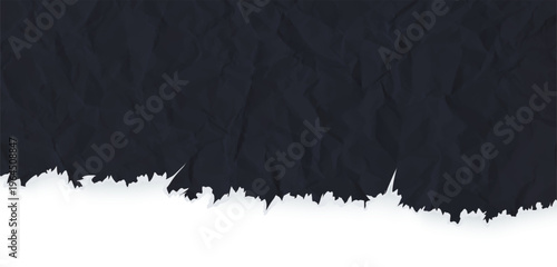 Cardboard horizontal top border with folded and torn craft paper black teture. Rip note ripped with texture piece strip and notebook fold dark. Scrap kraft page carton with torn edges for collage